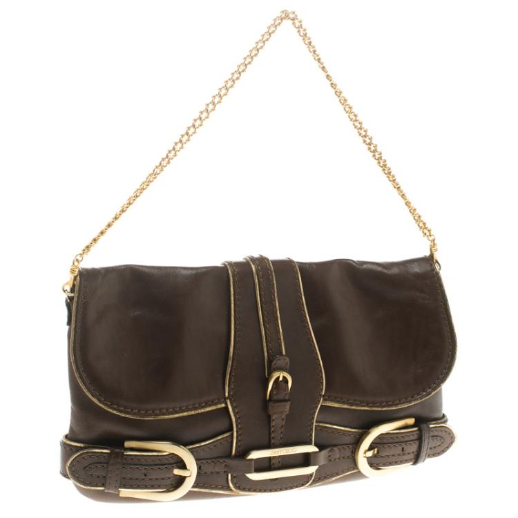 Pre Owned Jimmy Choo Brown Leather Gold Trim Tulita Shoulder Bag