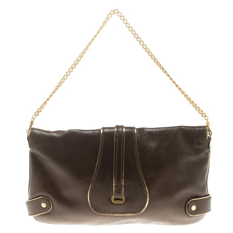 Pre Owned Jimmy Choo Brown Leather Gold Trim Tulita Shoulder Bag