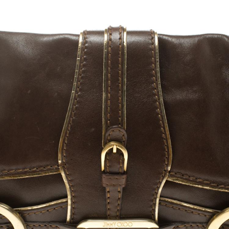 Pre Owned Jimmy Choo Brown Leather Gold Trim Tulita Shoulder Bag