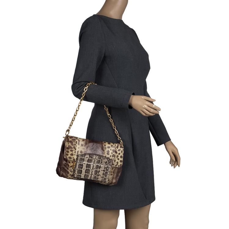 Pre Owned Jimmy Choo Beige/Brown Lizard and Python Carolina Shoulder Bag