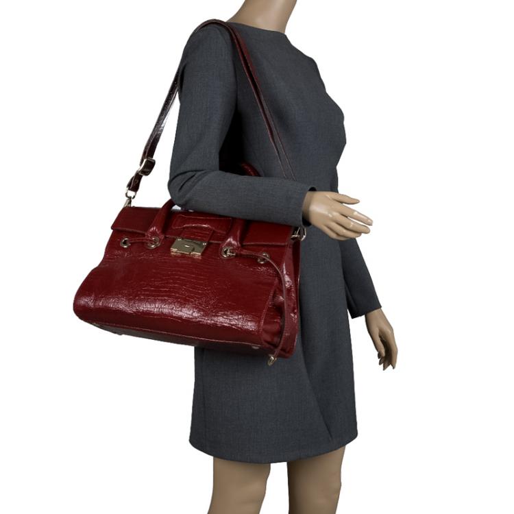 Pre Owned Jimmy Choo Dark Red Lizard Embossed Patent Leather Rosalie Satchel
