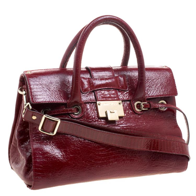 Pre Owned Jimmy Choo Dark Red Lizard Embossed Patent Leather Rosalie Satchel
