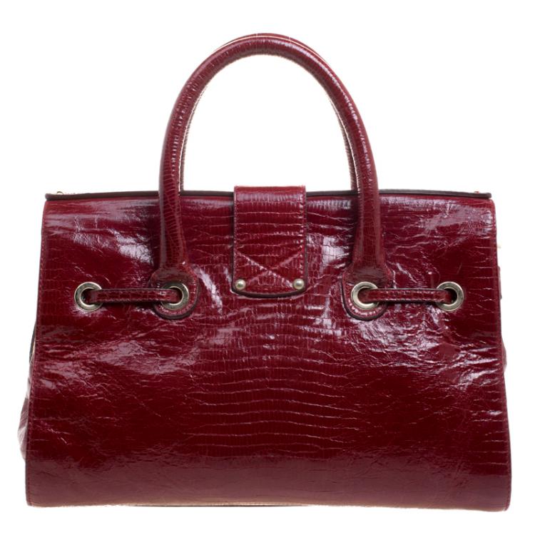 Pre Owned Jimmy Choo Dark Red Lizard Embossed Patent Leather Rosalie Satchel