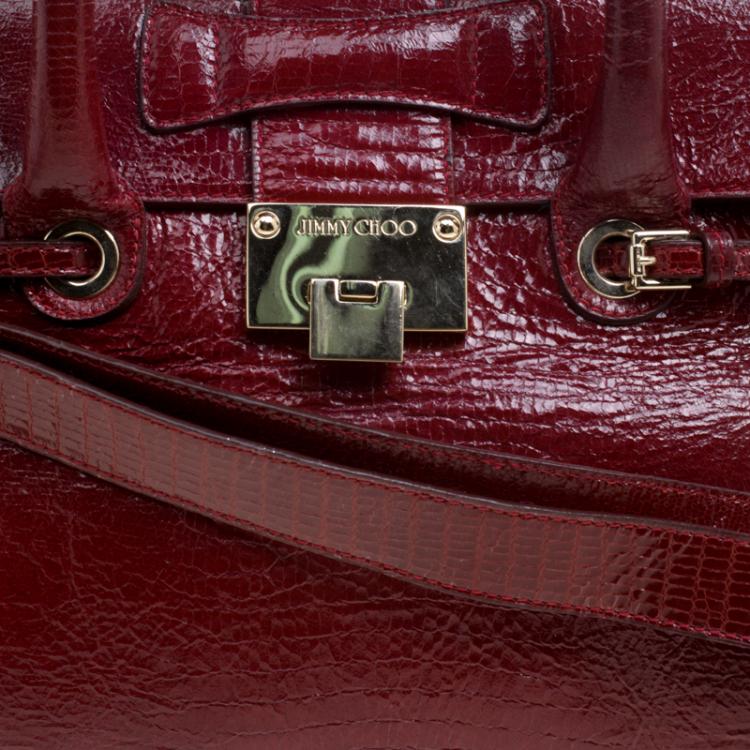 Pre Owned Jimmy Choo Dark Red Lizard Embossed Patent Leather Rosalie Satchel