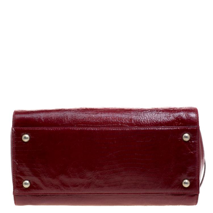 Pre Owned Jimmy Choo Dark Red Lizard Embossed Patent Leather Rosalie Satchel
