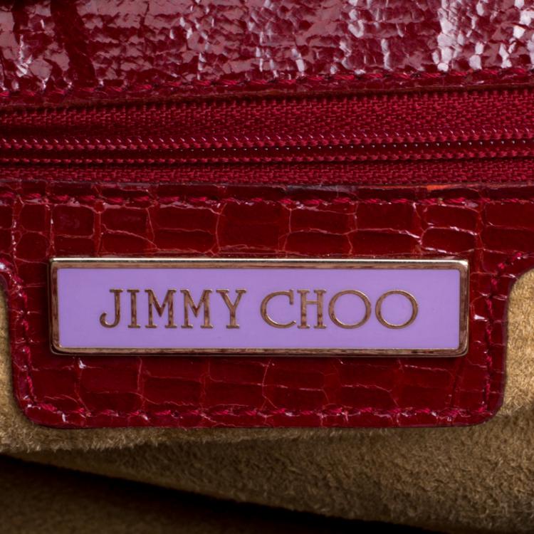 Pre Owned Jimmy Choo Dark Red Lizard Embossed Patent Leather Rosalie Satchel