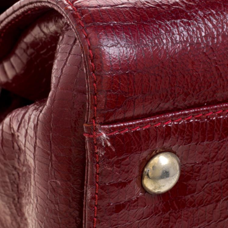 Pre Owned Jimmy Choo Dark Red Lizard Embossed Patent Leather Rosalie Satchel