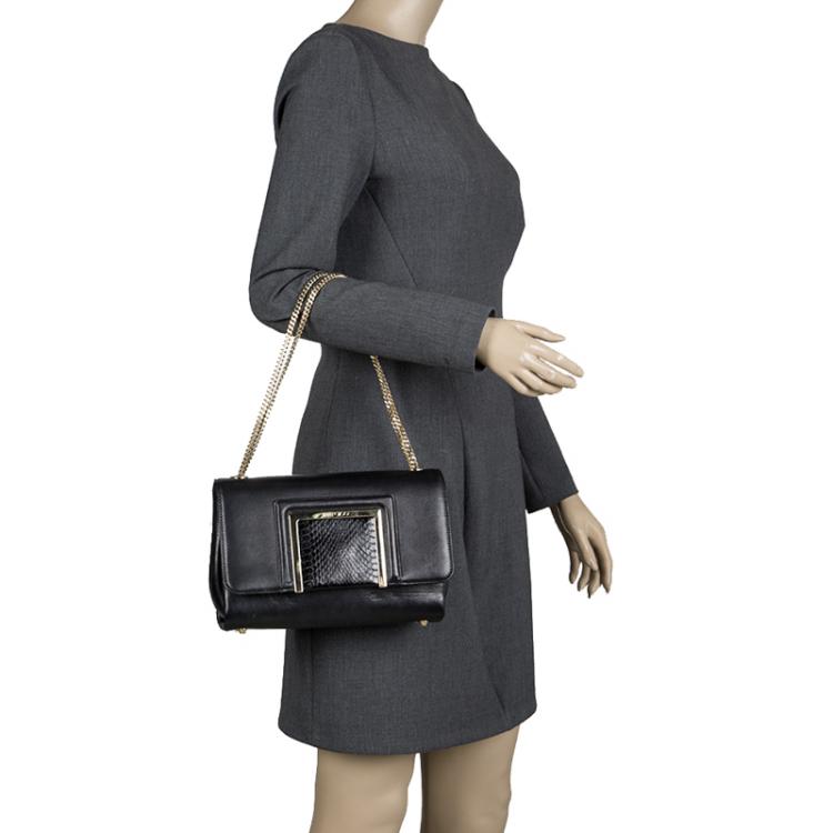 Pre Owned Jimmy Choo Black Leather and Snakeskin Trim Alba Shoulder Bag