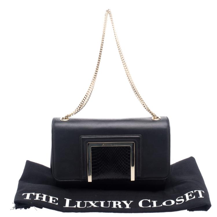 Pre Owned Jimmy Choo Black Leather and Snakeskin Trim Alba Shoulder Bag