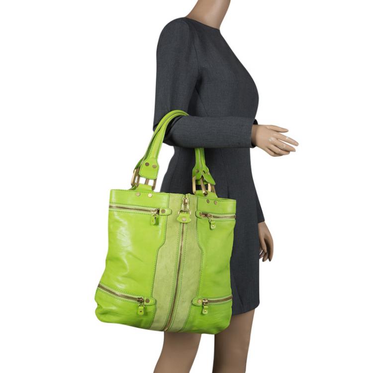 Pre Owned Jimmy Choo Neon Green Leather and Suede Mona Tote