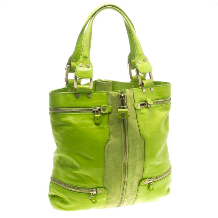 Pre Owned Jimmy Choo Neon Green Leather and Suede Mona Tote