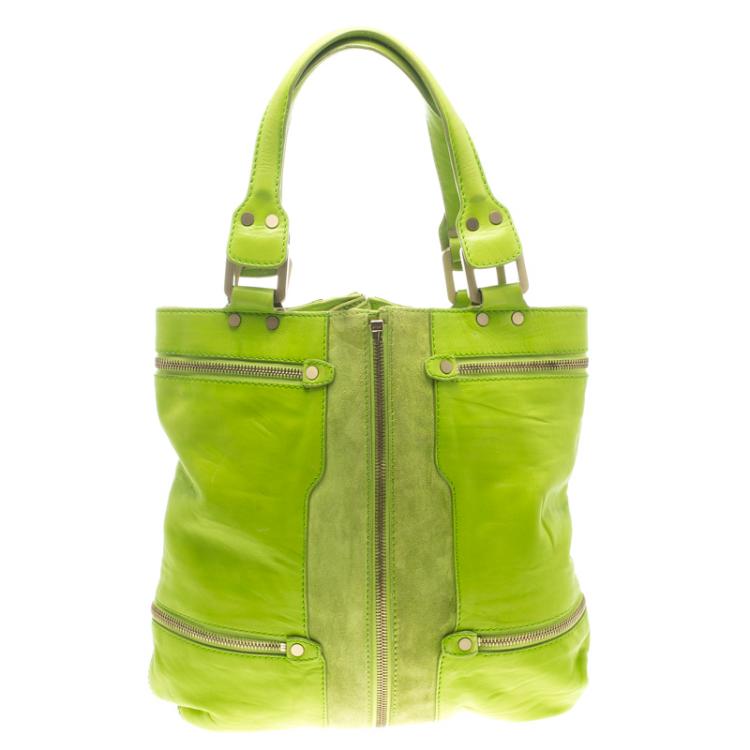 Pre Owned Jimmy Choo Neon Green Leather and Suede Mona Tote