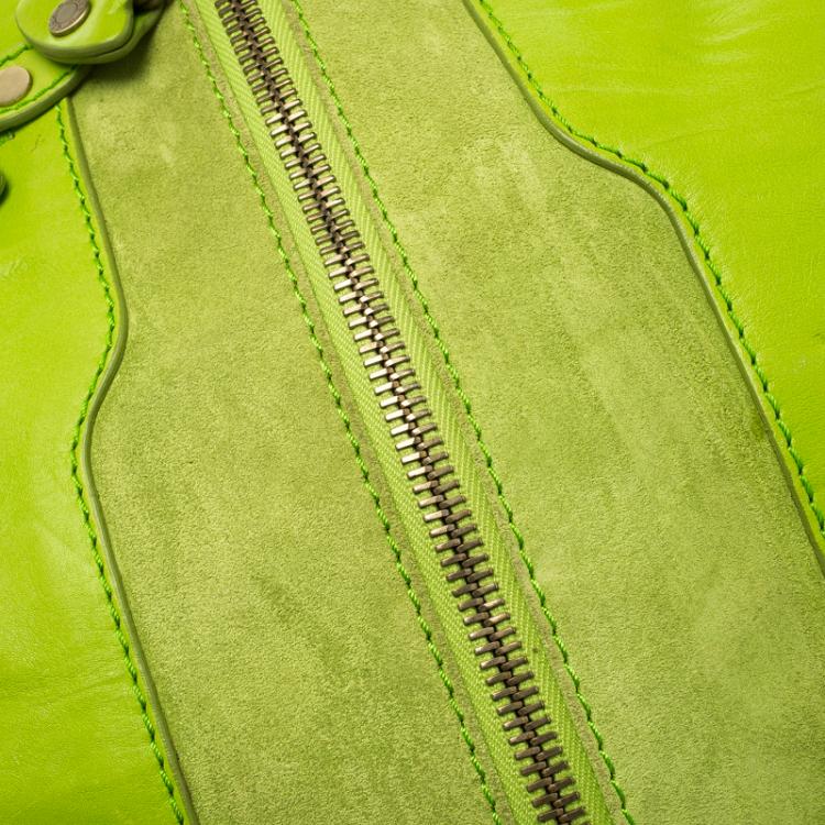 Pre Owned Jimmy Choo Neon Green Leather and Suede Mona Tote