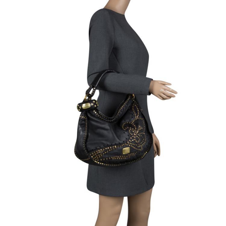مملوكة مسبقًا Jimmy Choo Black Leather Python Trim Small Studded Sky Hobo