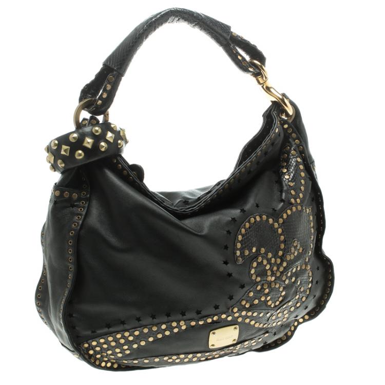مملوكة مسبقًا Jimmy Choo Black Leather Python Trim Small Studded Sky Hobo