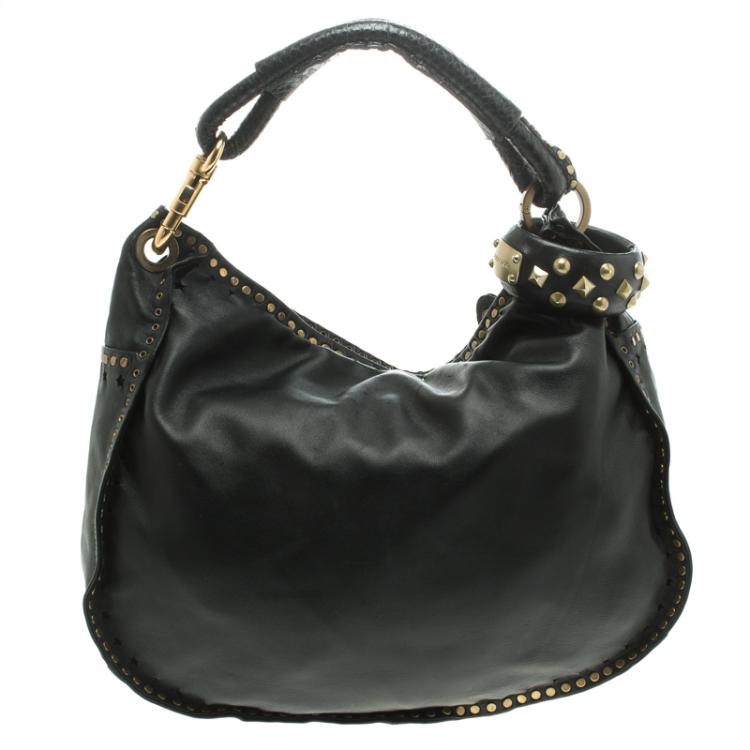مملوكة مسبقًا Jimmy Choo Black Leather Python Trim Small Studded Sky Hobo