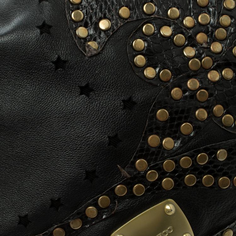مملوكة مسبقًا Jimmy Choo Black Leather Python Trim Small Studded Sky Hobo