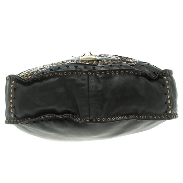 مملوكة مسبقًا Jimmy Choo Black Leather Python Trim Small Studded Sky Hobo