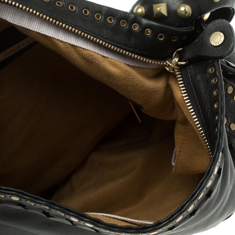 مملوكة مسبقًا Jimmy Choo Black Leather Python Trim Small Studded Sky Hobo