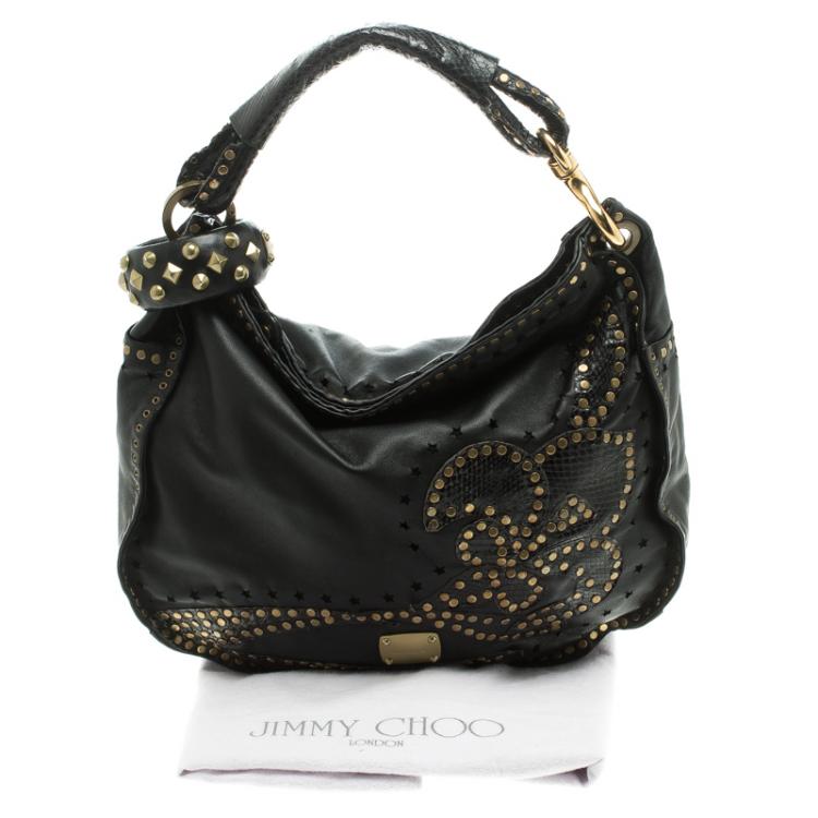 مملوكة مسبقًا Jimmy Choo Black Leather Python Trim Small Studded Sky Hobo