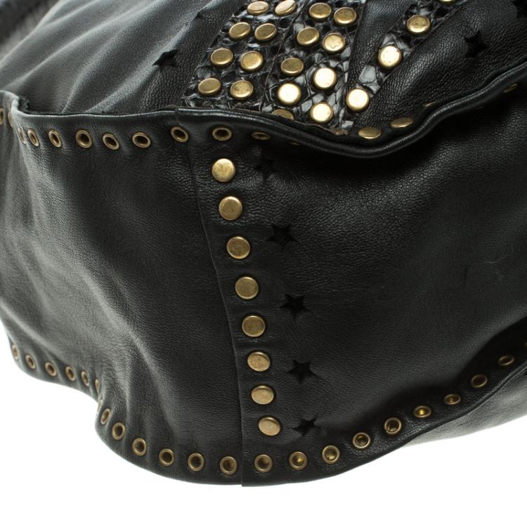 مملوكة مسبقًا Jimmy Choo Black Leather Python Trim Small Studded Sky Hobo