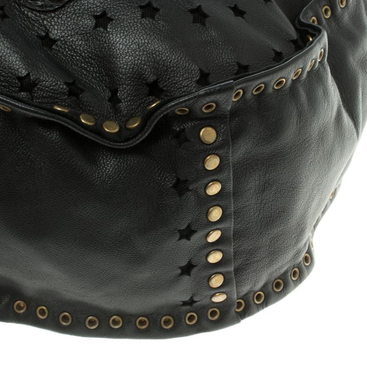 مملوكة مسبقًا Jimmy Choo Black Leather Python Trim Small Studded Sky Hobo