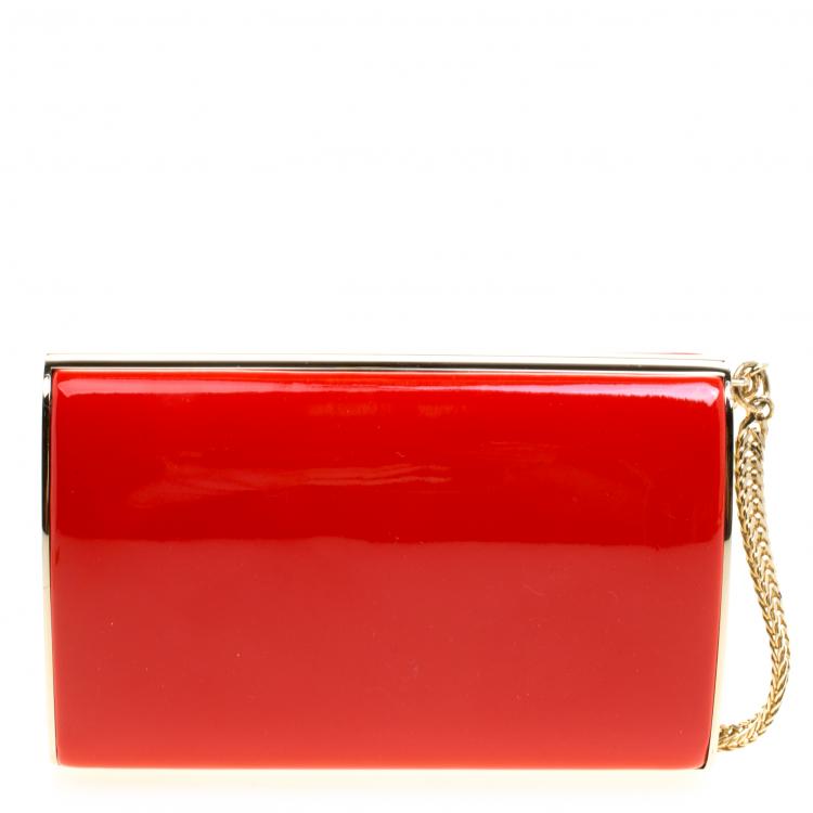 Pre Owned Jimmy Choo Red Patent Leather Carmen Chain Wristlet Clutch