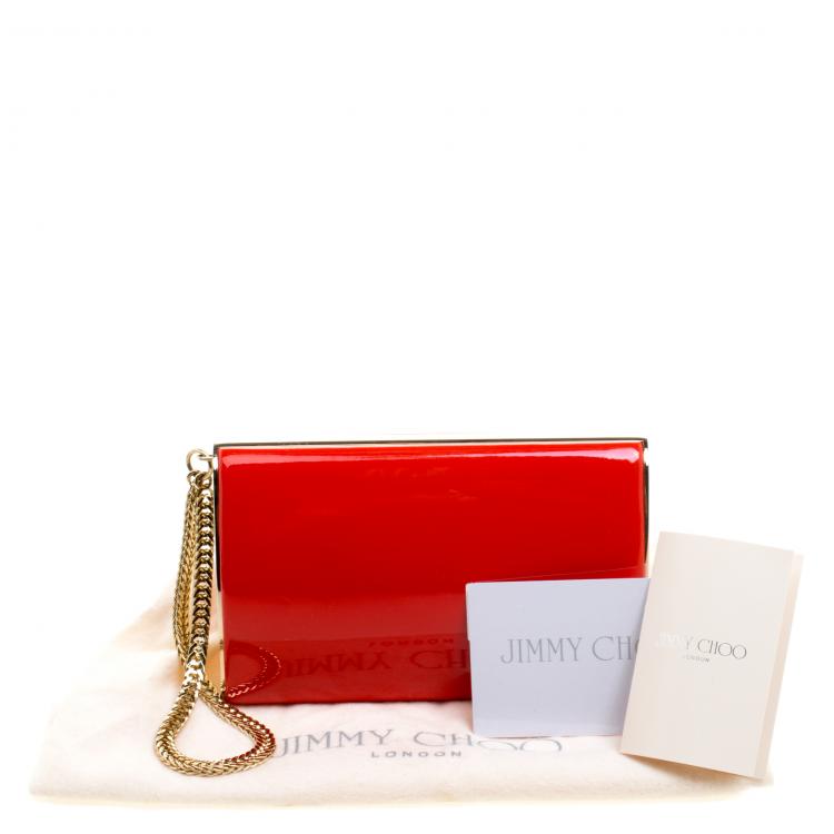 Pre Owned Jimmy Choo Red Patent Leather Carmen Chain Wristlet Clutch