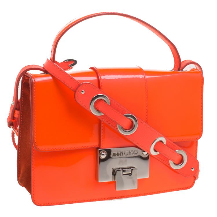 Pre Owned Jimmy Choo Neon Orange Patent Leather Rebel Crossbody Bag