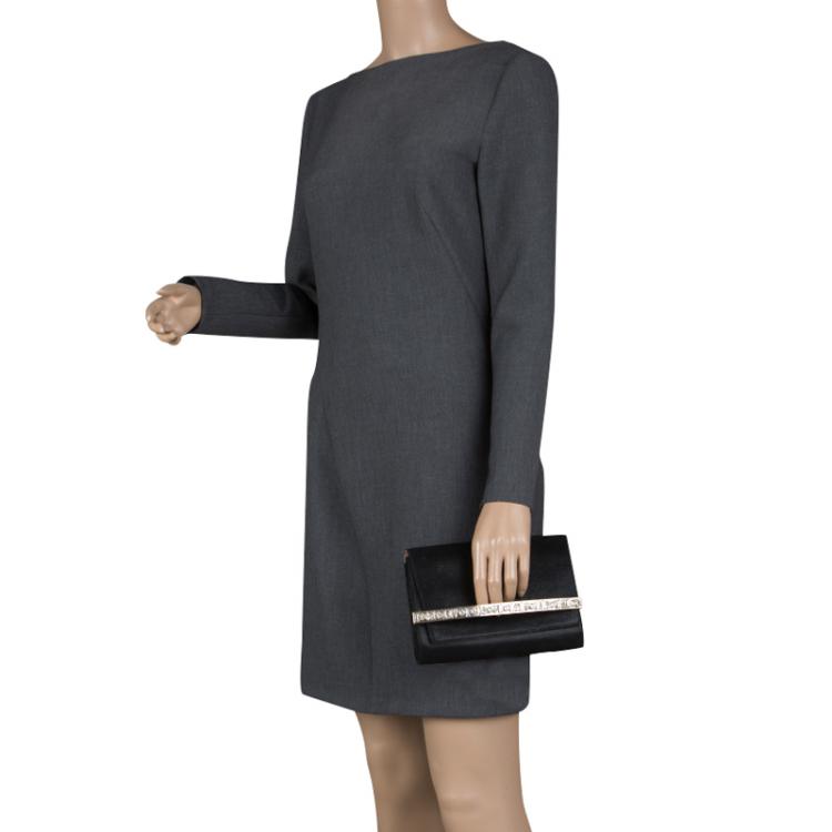 مملوكة مسبقًا Jimmy Choo Black Shimmering Leather Crystal Embellished Clutch
