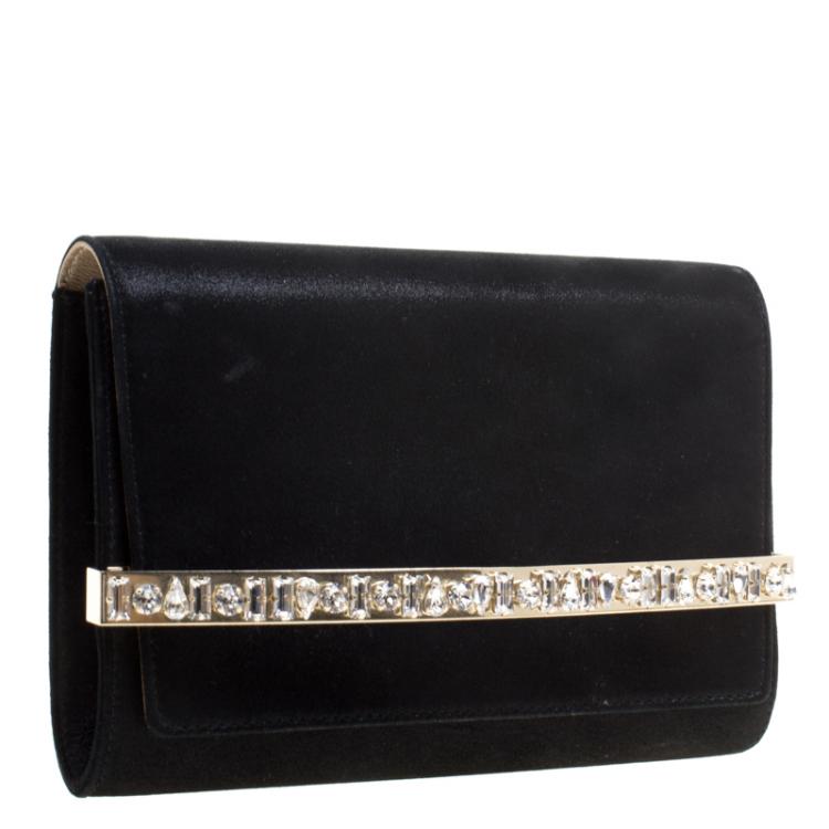 مملوكة مسبقًا Jimmy Choo Black Shimmering Leather Crystal Embellished Clutch
