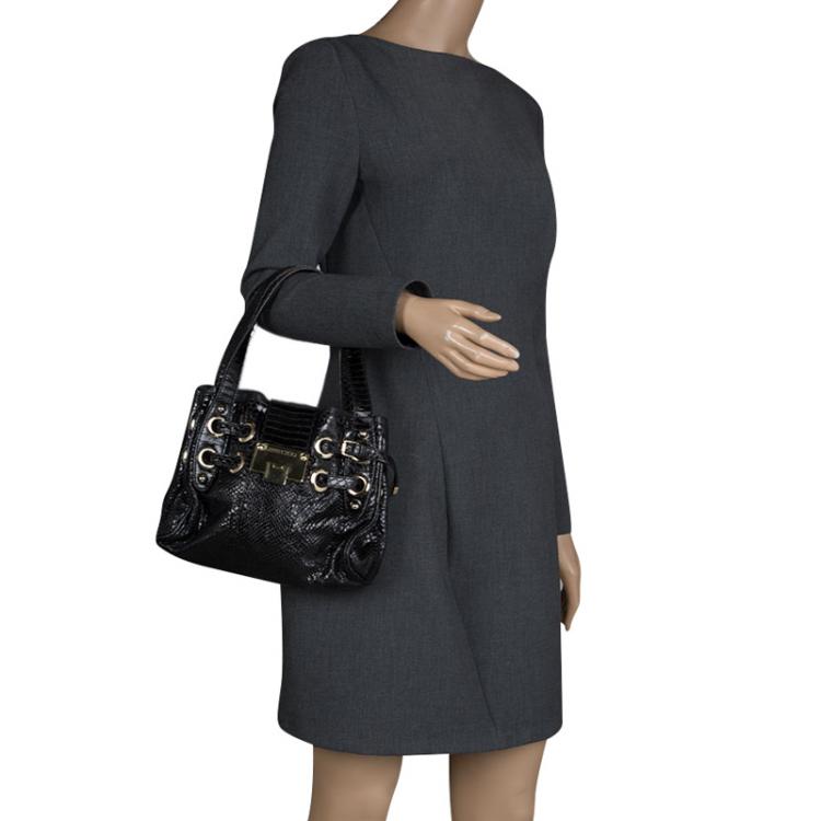 Pre Owned Jimmy Choo Black Python Embossed Leather Mini Riki Tote