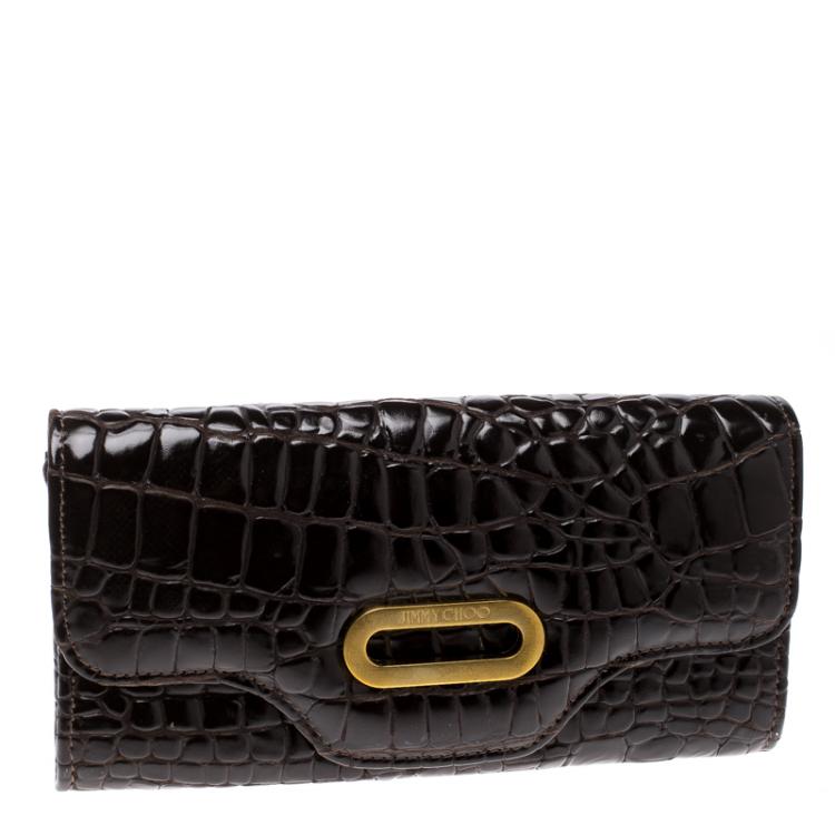 Pre Owned Jimmy Choo Dark Brown Croc Embossed Glossy Leather Flap Wallet