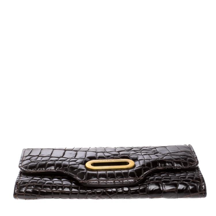 Pre Owned Jimmy Choo Dark Brown Croc Embossed Glossy Leather Flap Wallet