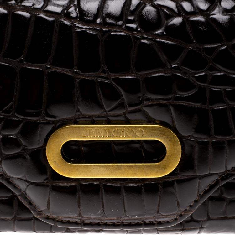 Pre Owned Jimmy Choo Dark Brown Croc Embossed Glossy Leather Flap Wallet