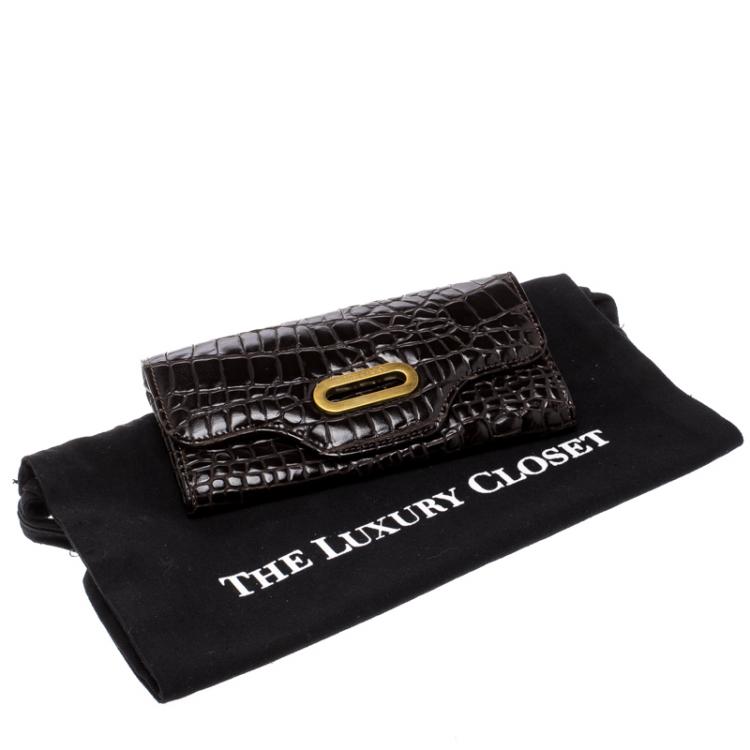 Pre Owned Jimmy Choo Dark Brown Croc Embossed Glossy Leather Flap Wallet