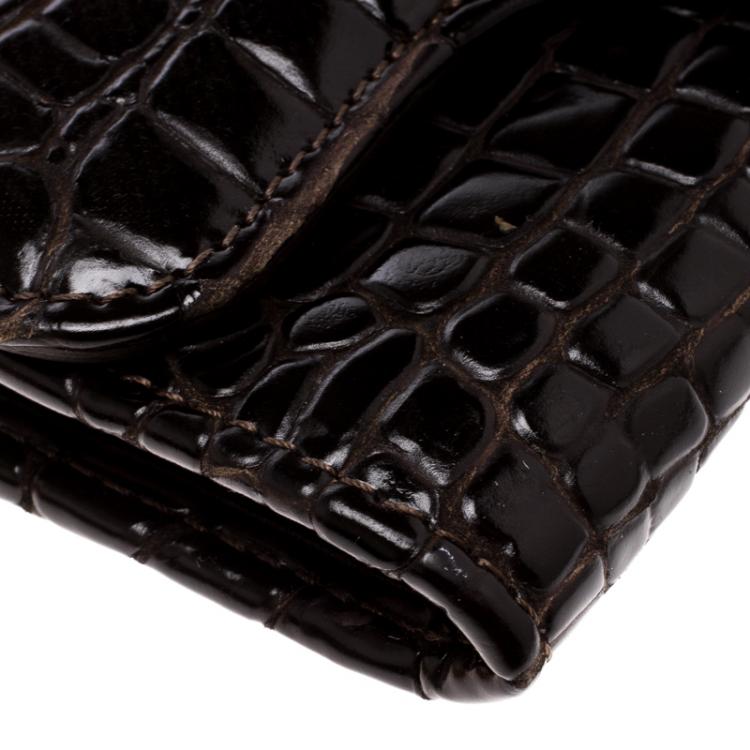 Pre Owned Jimmy Choo Dark Brown Croc Embossed Glossy Leather Flap Wallet