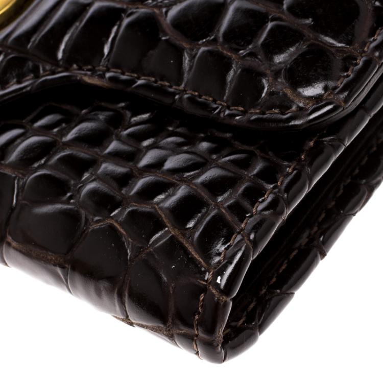 Pre Owned Jimmy Choo Dark Brown Croc Embossed Glossy Leather Flap Wallet