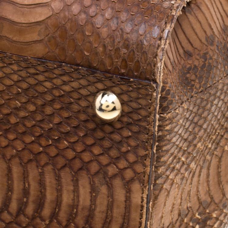 Pre Owned Jimmy Choo Brown Python Embossed Leather Rosalie Top Handle Bag