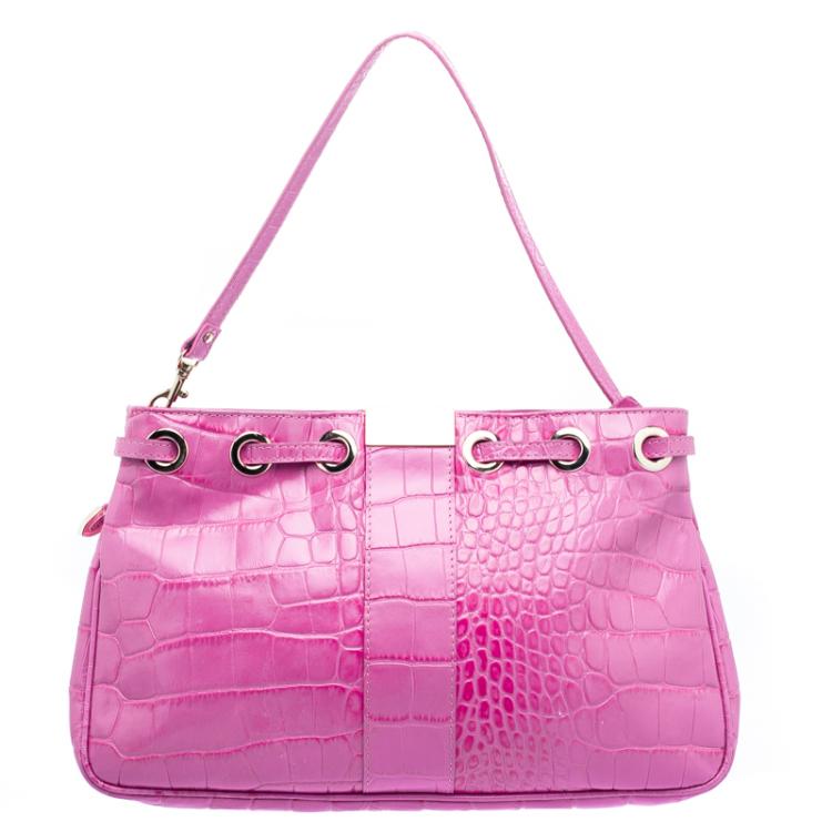 Pre Owned Jimmy Choo Pink Croc Embossed Leather Shoulder Bag