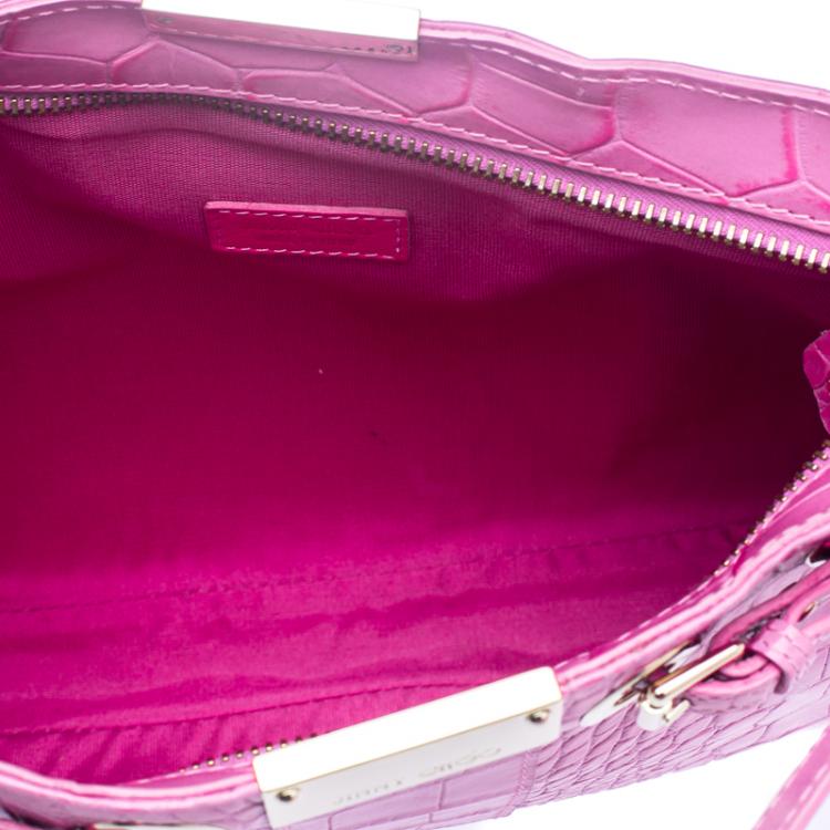 Pre Owned Jimmy Choo Pink Croc Embossed Leather Shoulder Bag