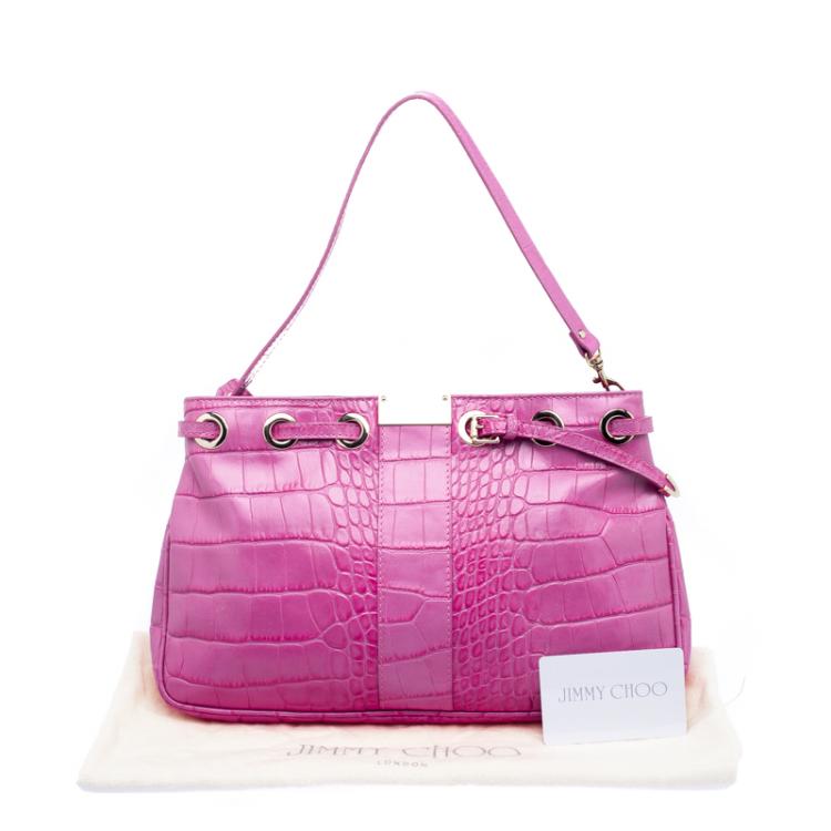 Pre Owned Jimmy Choo Pink Croc Embossed Leather Shoulder Bag