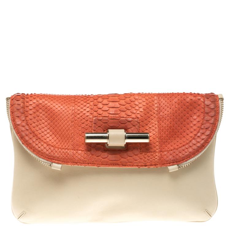 Pre Owned Jimmy Choo Beige/Orange Python and Leather Jasmine Clutch