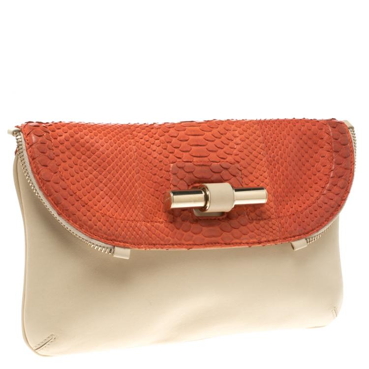 Pre Owned Jimmy Choo Beige/Orange Python and Leather Jasmine Clutch