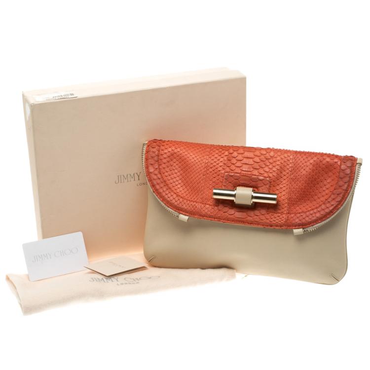 Pre Owned Jimmy Choo Beige/Orange Python and Leather Jasmine Clutch