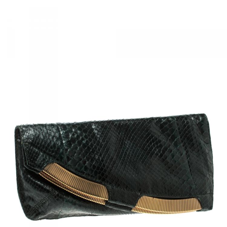 Pre Owned Jimmy Choo Dark Green Python Clutch