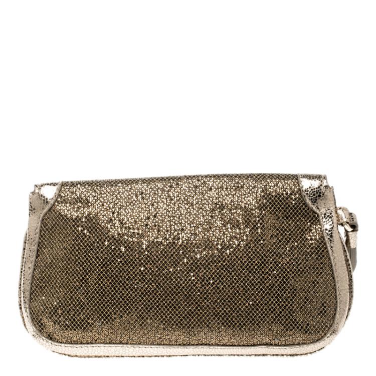 Pre Owned Jimmy Choo Bronze Glitter and Leather Zeta Clutch