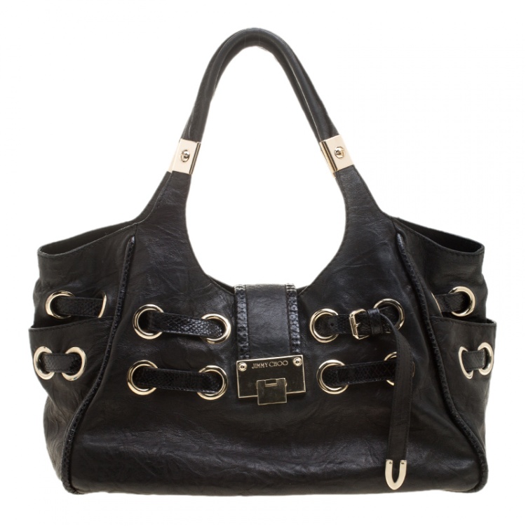 Pre Owned Jimmy Choo Black Glazed Crinkled Leather Riki Tote