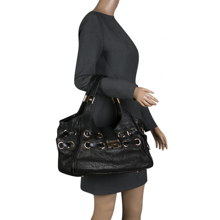 Pre Owned Jimmy Choo Black Glazed Crinkled Leather Riki Tote