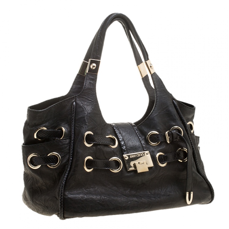 Pre Owned Jimmy Choo Black Glazed Crinkled Leather Riki Tote